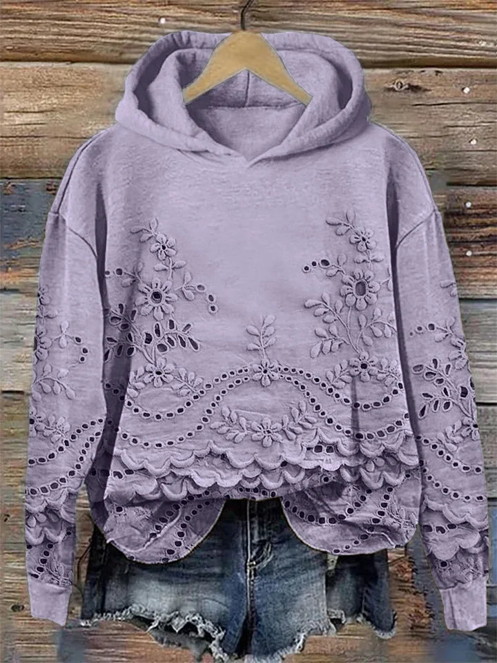 Women's Floral Eyelet Scalloped Hem Long Sleeve Hoodie