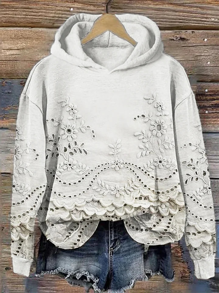 Women's Floral Eyelet Scalloped Hem Long Sleeve Hoodie
