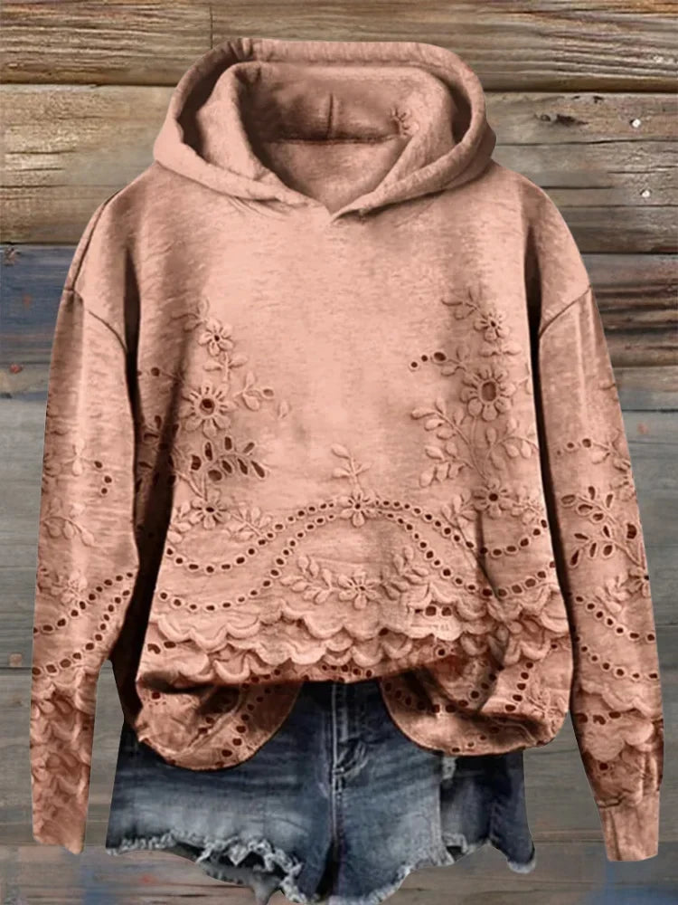 Women's Floral Eyelet Scalloped Hem Long Sleeve Hoodie