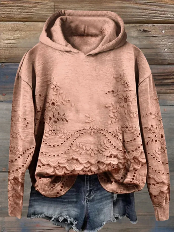 Women's Floral Eyelet Scalloped Hem Long Sleeve Hoodie