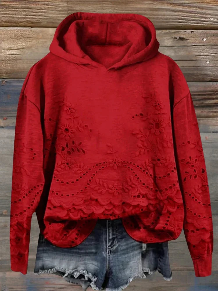 Women's Floral Eyelet Scalloped Hem Long Sleeve Hoodie