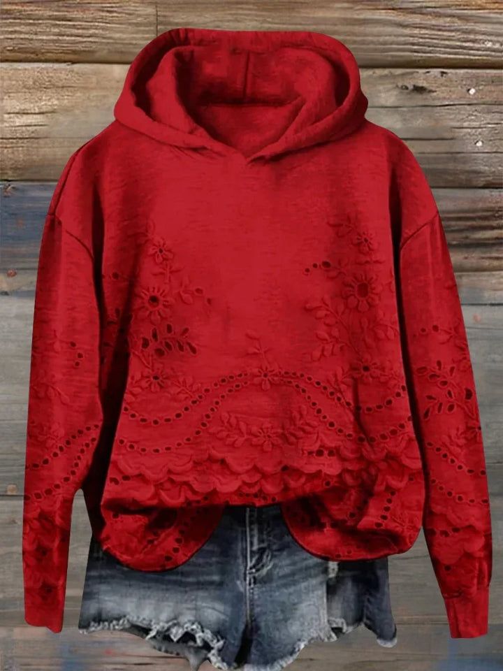Women's Floral Eyelet Scalloped Hem Long Sleeve Hoodie