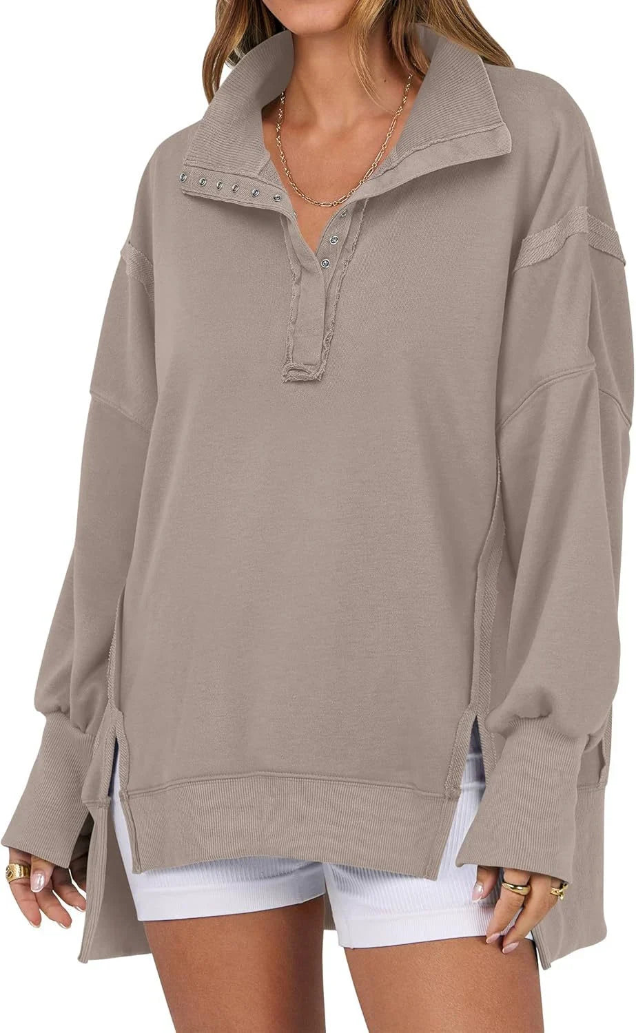 Women's Oversized Long Sleeve Sweatshirt with Button-Up Collar