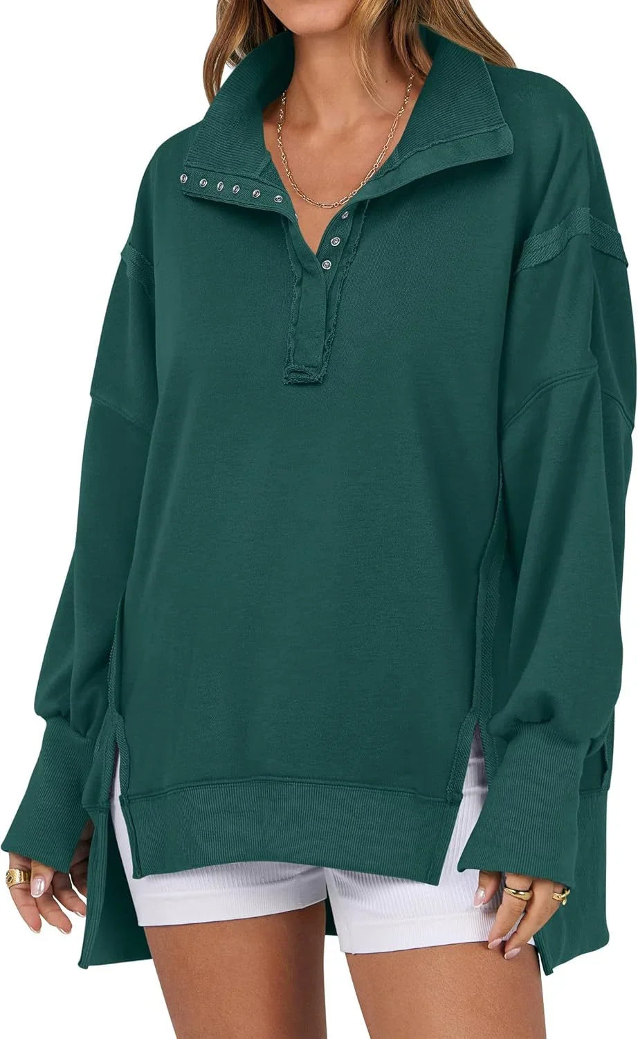 Women's Oversized Long Sleeve Sweatshirt with Button-Up Collar