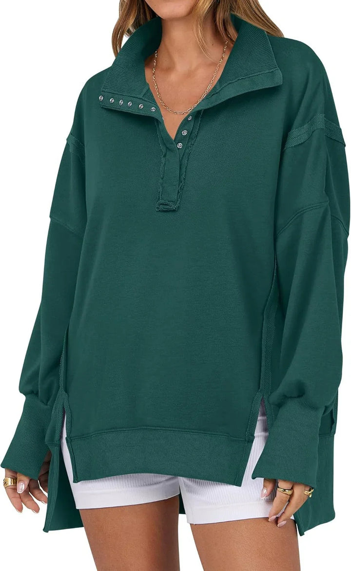Women's Oversized Long Sleeve Sweatshirt with Button-Up Collar