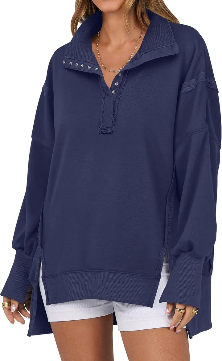 Women's Oversized Long Sleeve Sweatshirt with Button-Up Collar