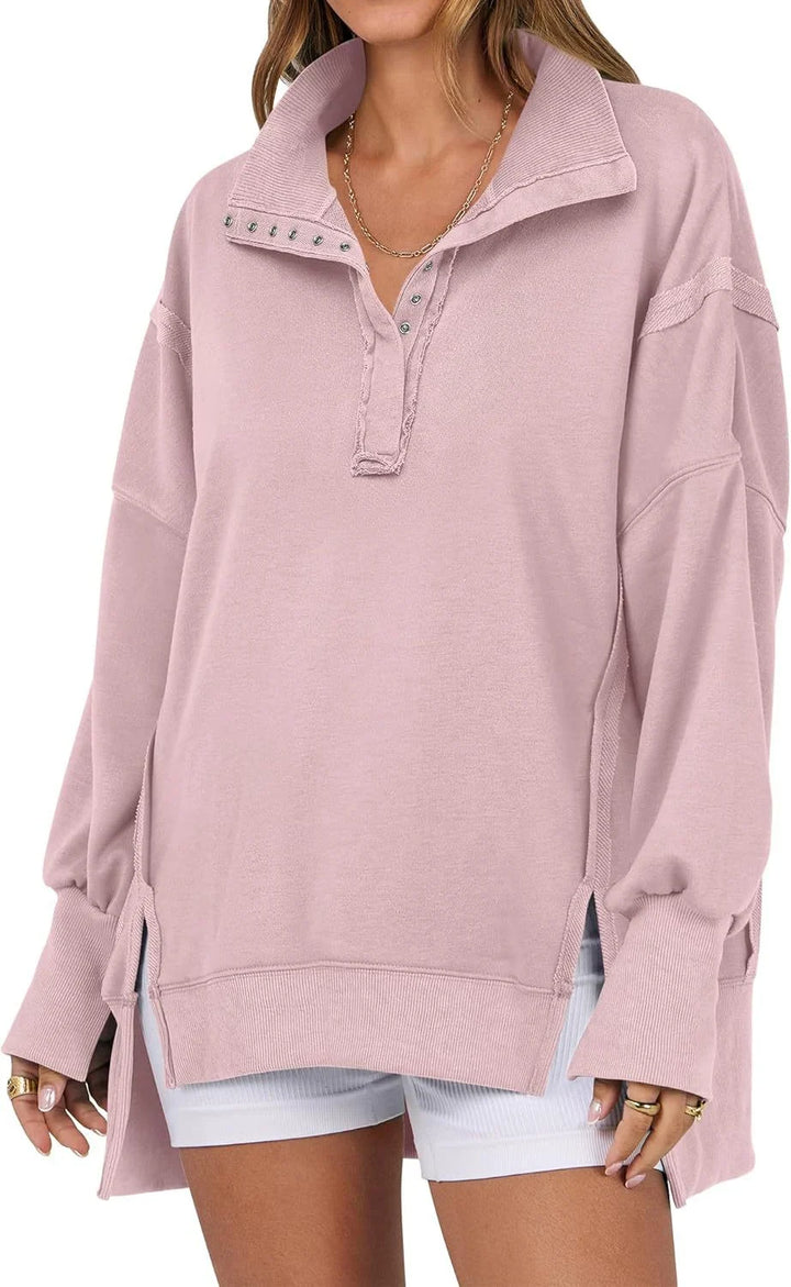 Women's Oversized Long Sleeve Sweatshirt with Button-Up Collar