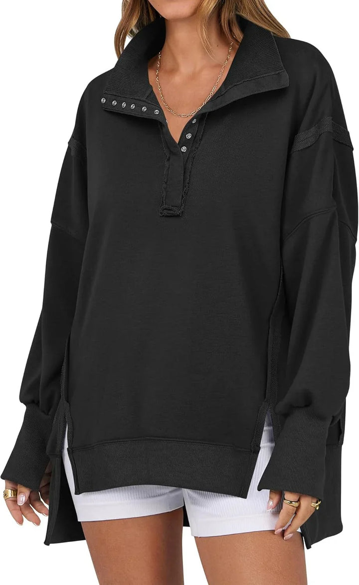 Women's Oversized Long Sleeve Sweatshirt with Button-Up Collar