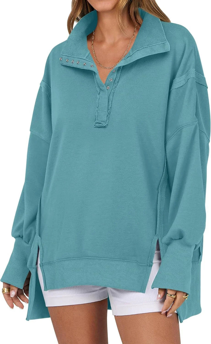 Women's Oversized Long Sleeve Sweatshirt with Button-Up Collar