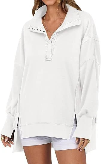Women's Oversized Long Sleeve Sweatshirt with Button-Up Collar