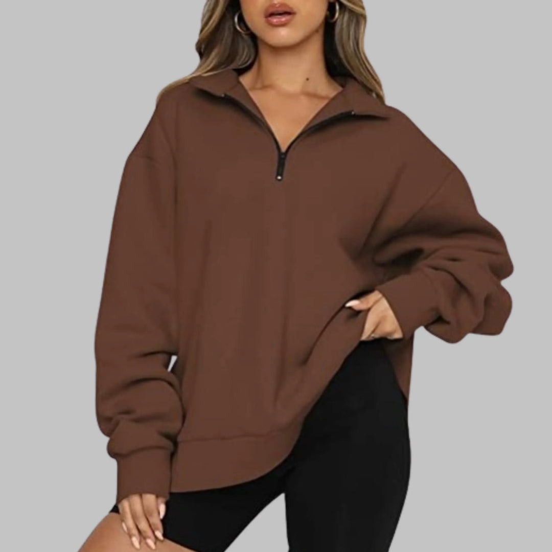 Women's Oversized Sweatshirt with Half Zip Collar and Long Sleeves