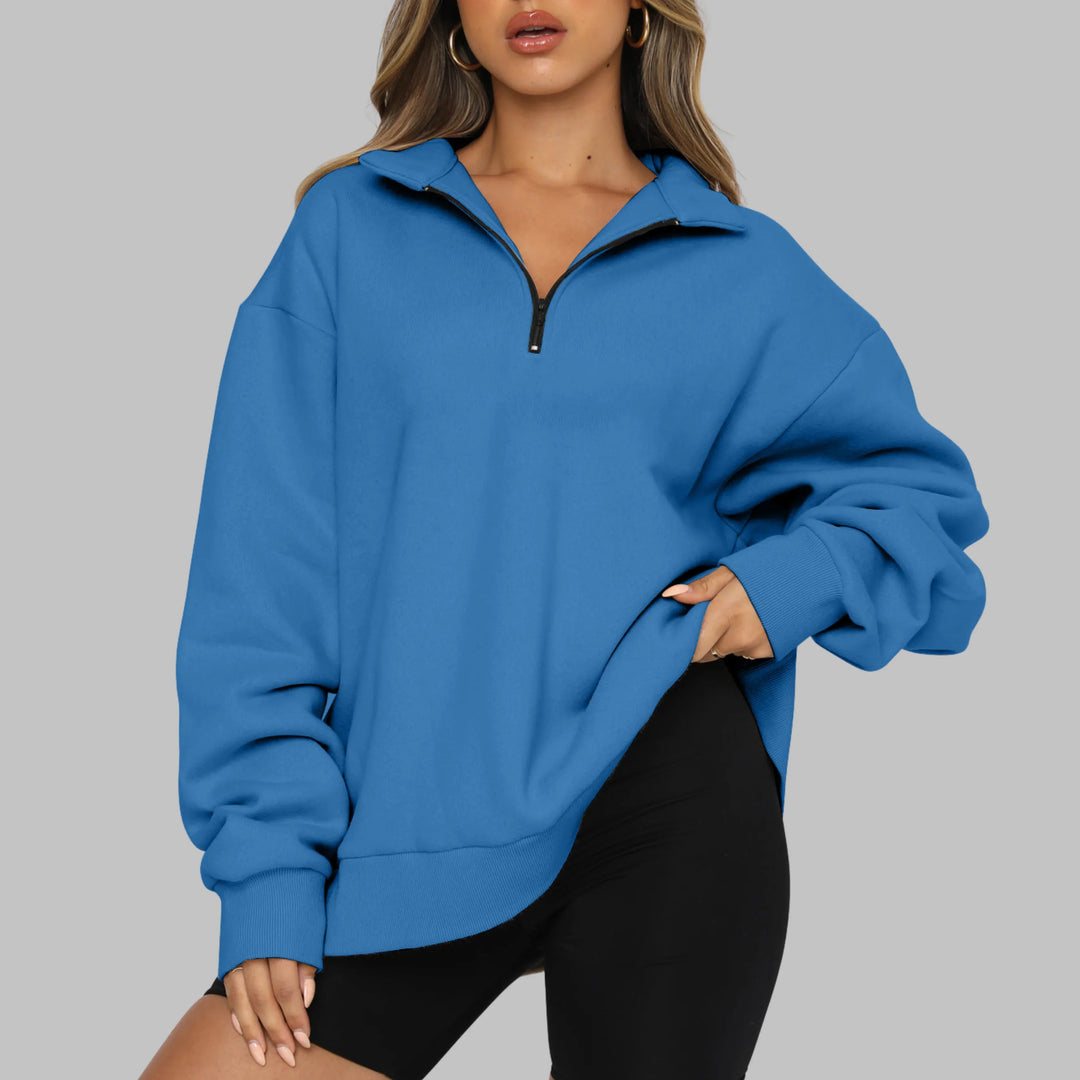 Women's Oversized Sweatshirt with Half Zip Collar and Long Sleeves