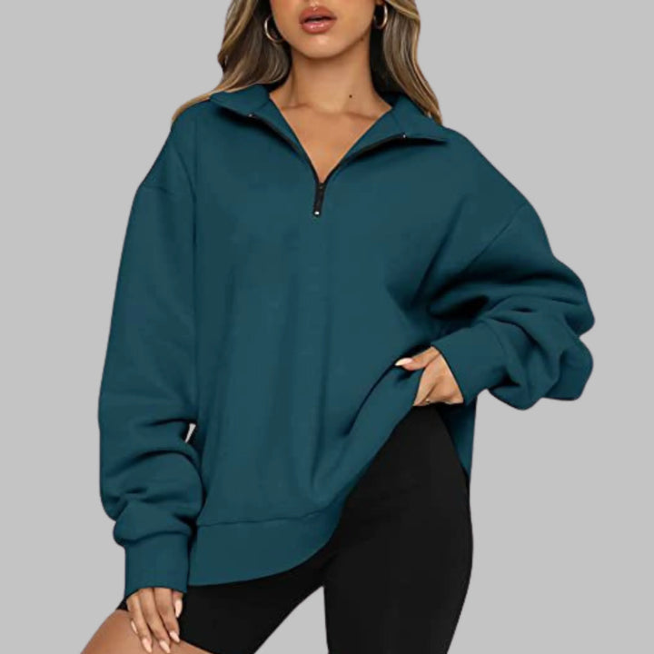 Women's Oversized Sweatshirt with Half Zip Collar and Long Sleeves