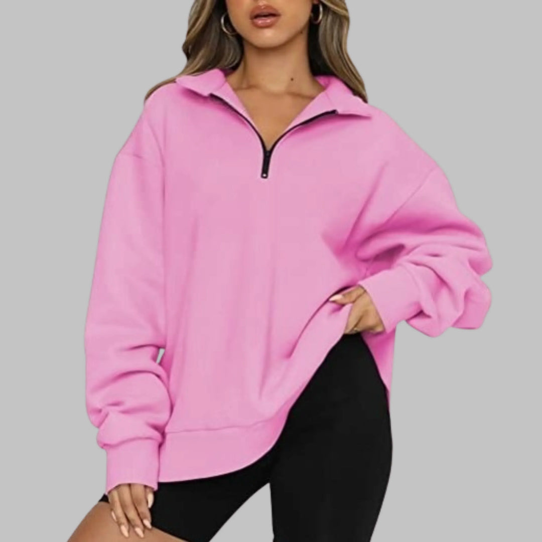 Women's Oversized Sweatshirt with Half Zip Collar and Long Sleeves