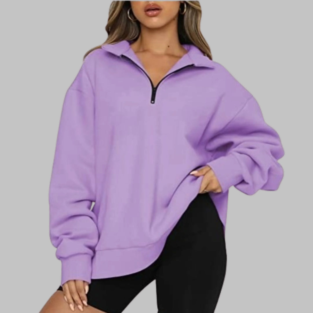 Women's Oversized Sweatshirt with Half Zip Collar and Long Sleeves