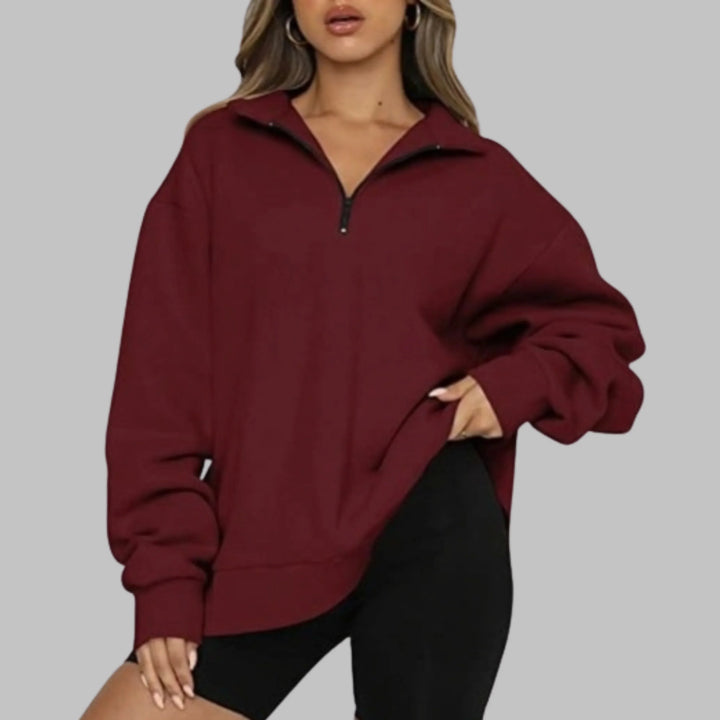 Women's Oversized Sweatshirt with Half Zip Collar and Long Sleeves