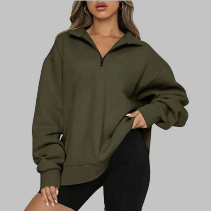 Women's Oversized Sweatshirt with Half Zip Collar and Long Sleeves