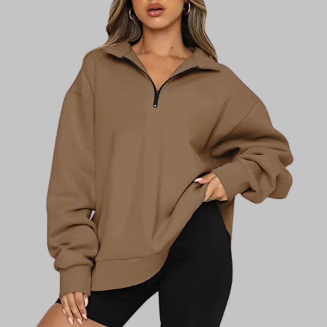 Women's Oversized Sweatshirt with Half Zip Collar and Long Sleeves