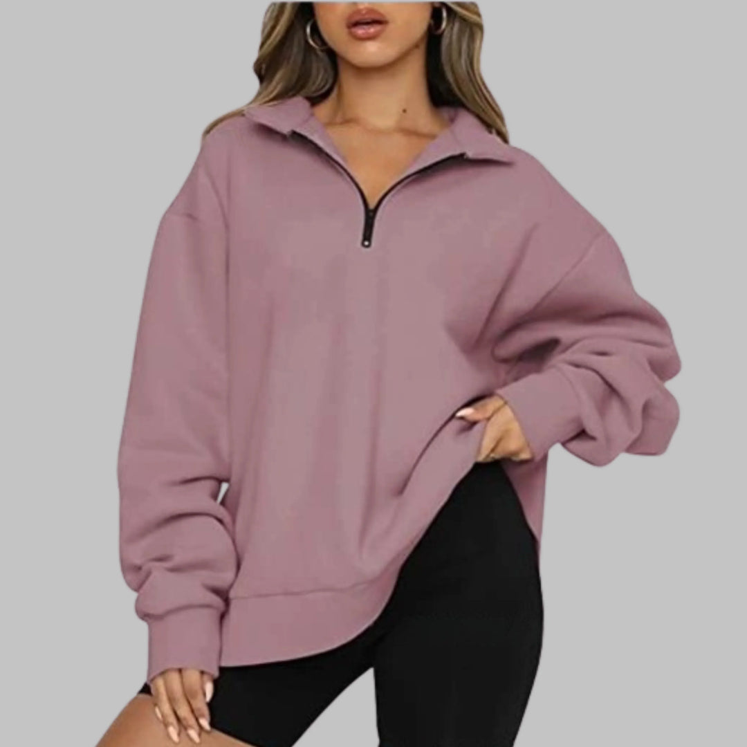 Women's Oversized Sweatshirt with Half Zip Collar and Long Sleeves