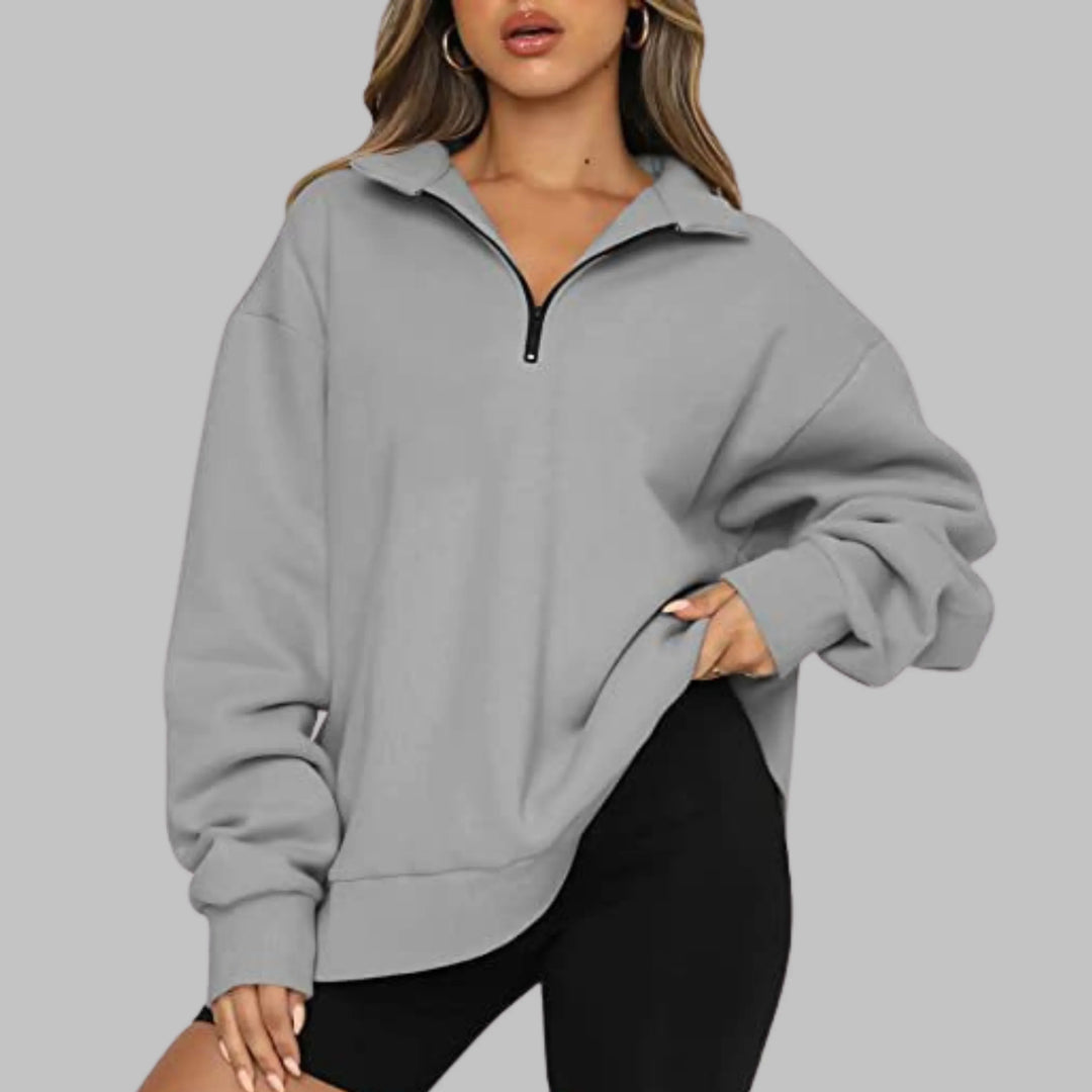 Women's Oversized Sweatshirt with Half Zip Collar and Long Sleeves