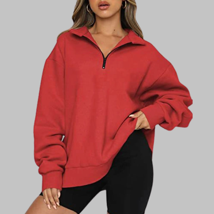 Women's Oversized Sweatshirt with Half Zip Collar and Long Sleeves