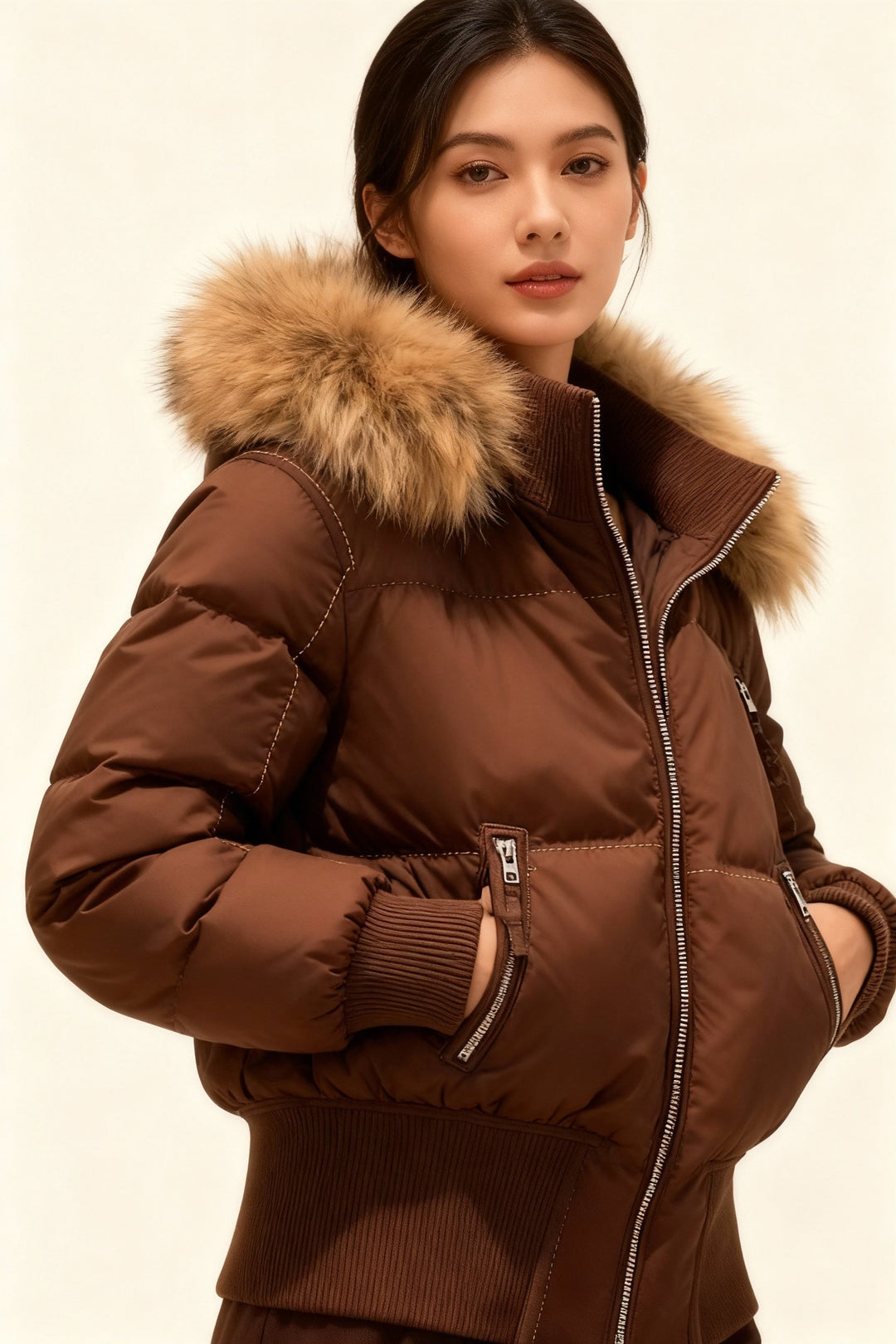 Women's Puffer Jacket with Faux Fur Hood