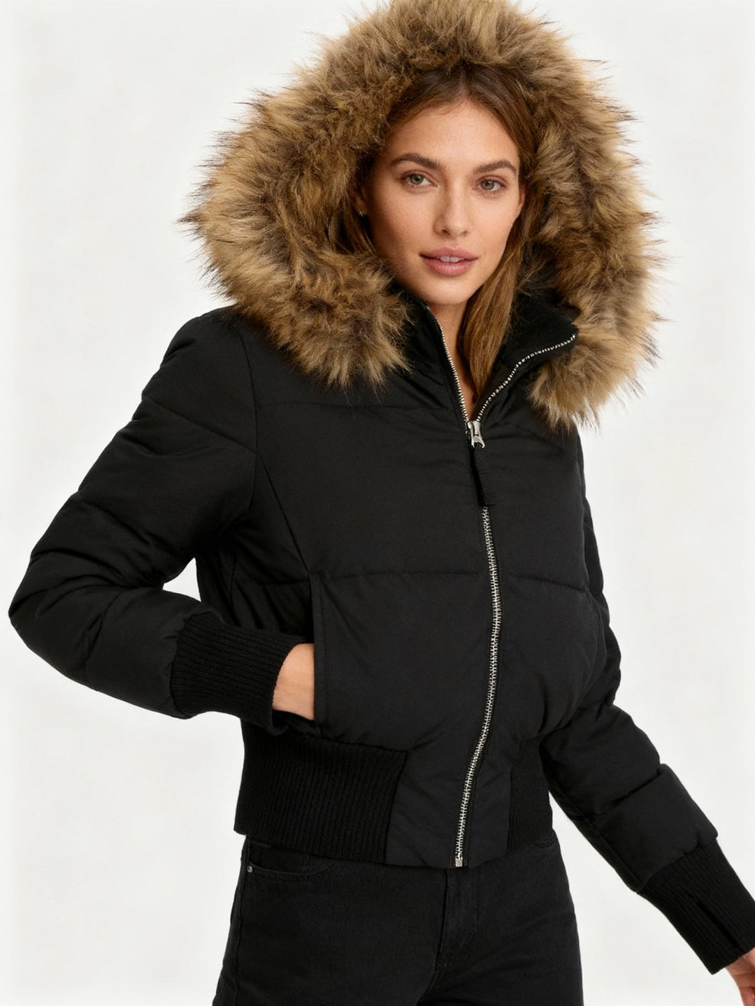 Women's Puffer Jacket with Faux Fur Hood