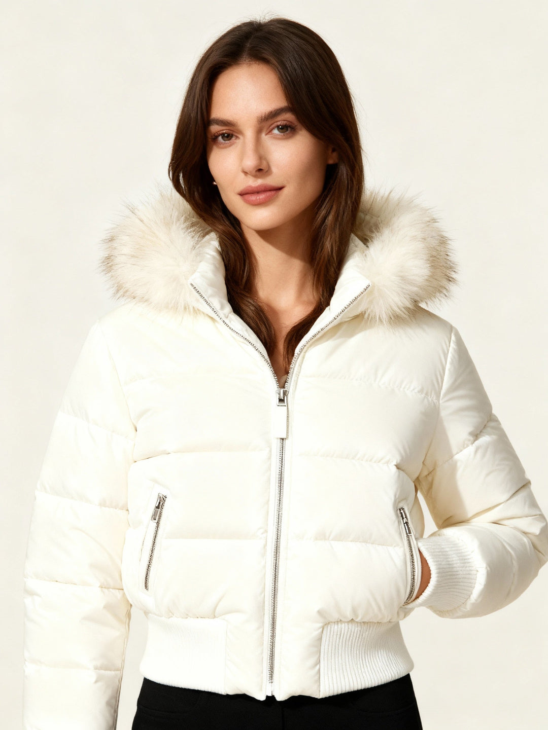 Women's Puffer Jacket with Faux Fur Hood