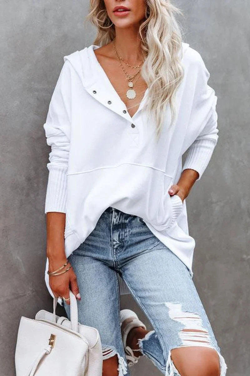 Women's Hooded Long Sleeve Tunic Sweatshirt with Snap V-Neck