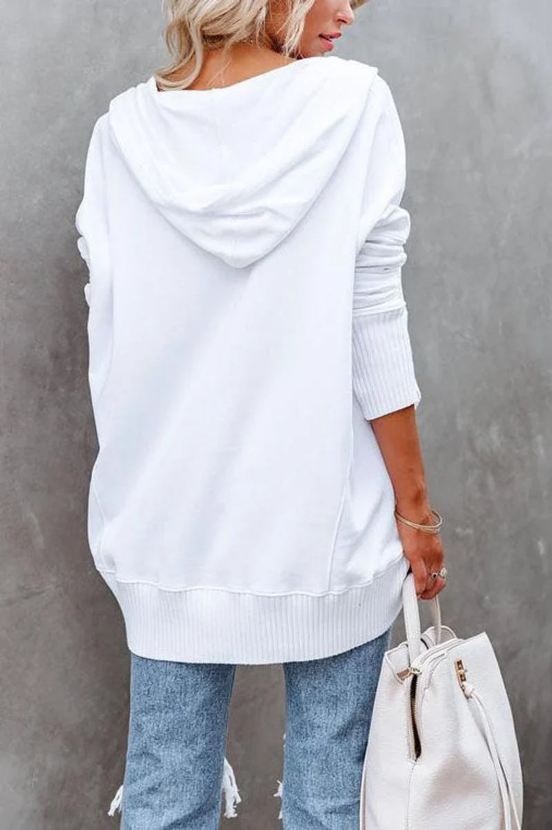 Women's Hooded Long Sleeve Tunic Sweatshirt with Snap V-Neck