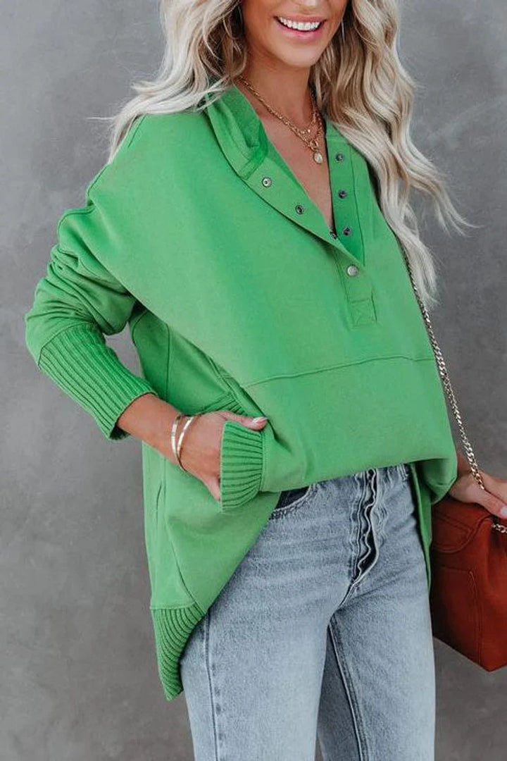 Women's Hooded Long Sleeve Tunic Sweatshirt with Snap V-Neck
