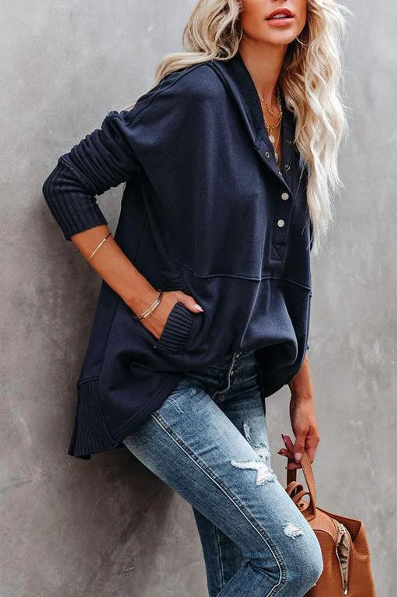Women's Hooded Long Sleeve Tunic Sweatshirt with Snap V-Neck