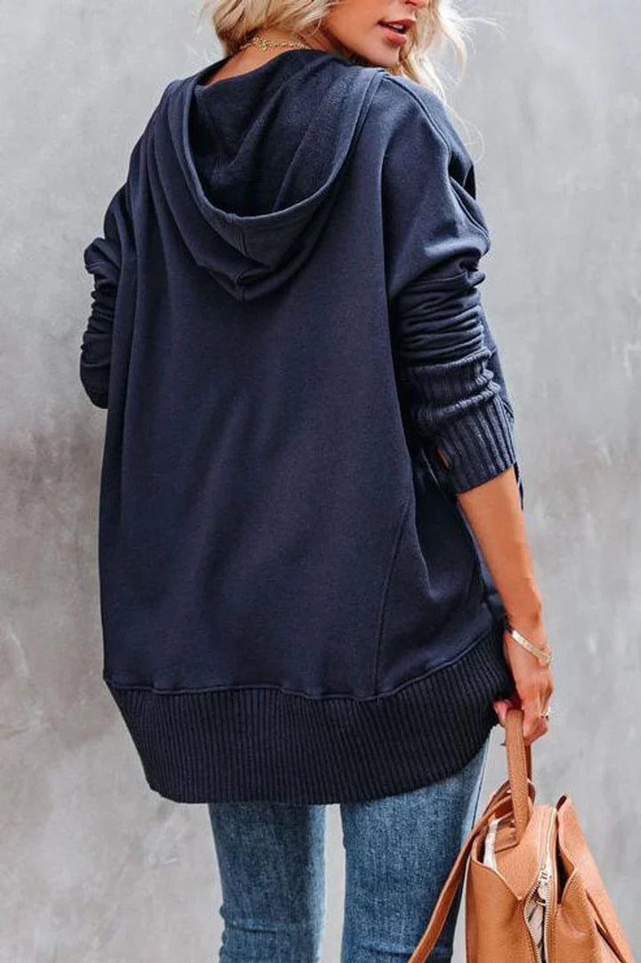 Women's Hooded Long Sleeve Tunic Sweatshirt with Snap V-Neck