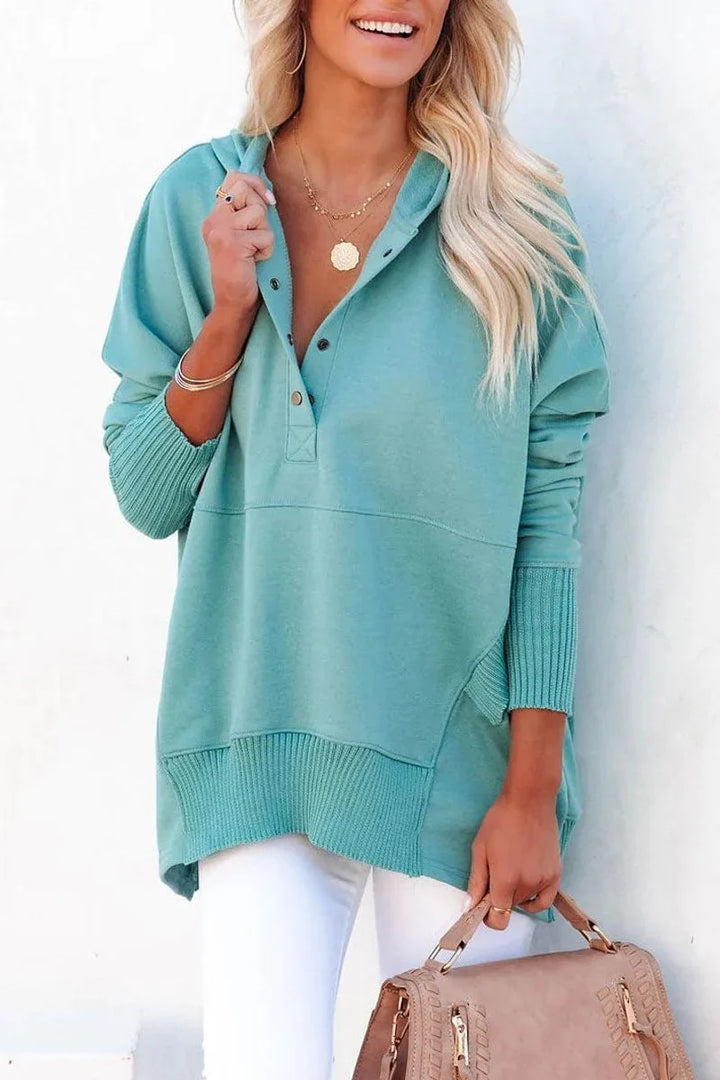 Women's Hooded Long Sleeve Tunic Sweatshirt with Snap V-Neck
