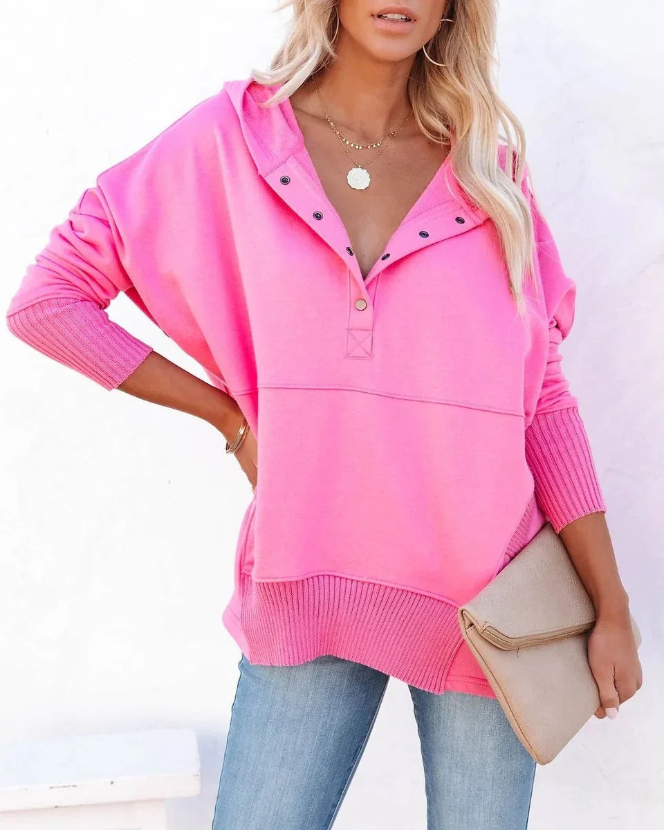 Women's Hooded Long Sleeve Tunic Sweatshirt with Snap V-Neck