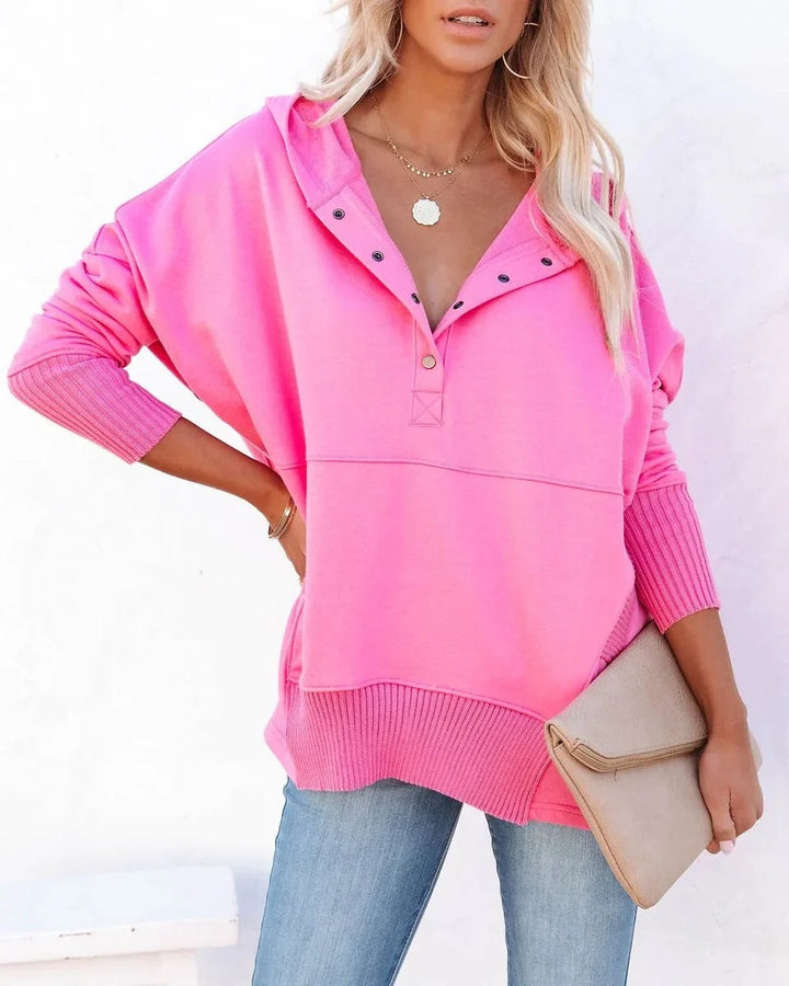 Women's Hooded Long Sleeve Tunic Sweatshirt with Snap V-Neck