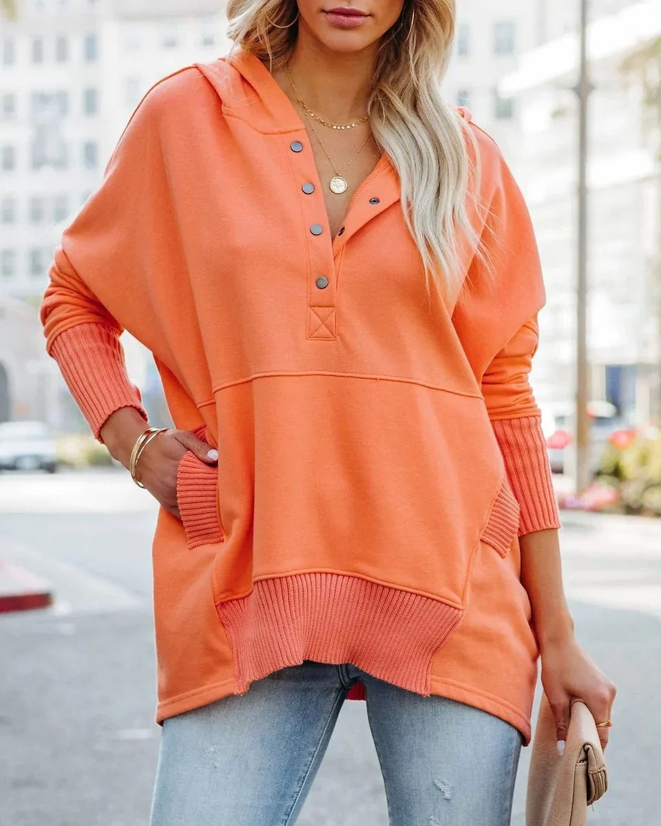 Women's Hooded Long Sleeve Tunic Sweatshirt with Snap V-Neck