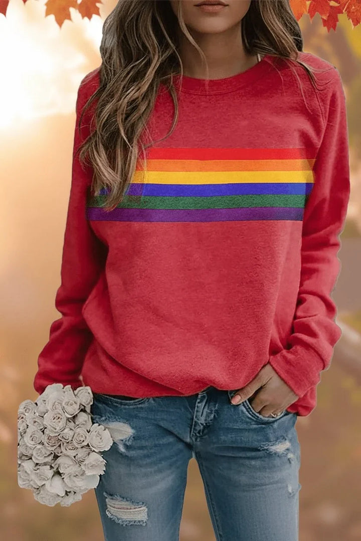 Women's Retro Rainbow Stripe Crewneck Long Sleeve Sweatshirt