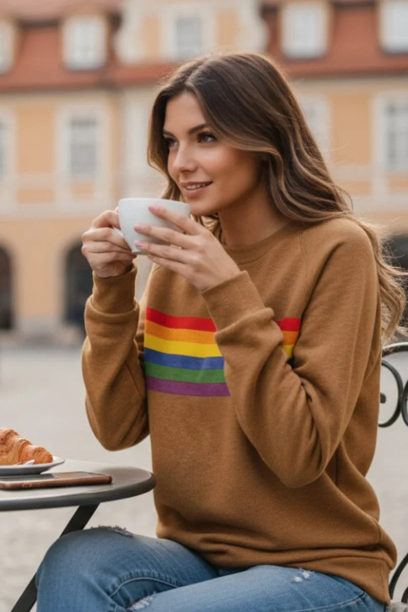 Women's Retro Rainbow Stripe Crewneck Long Sleeve Sweatshirt
