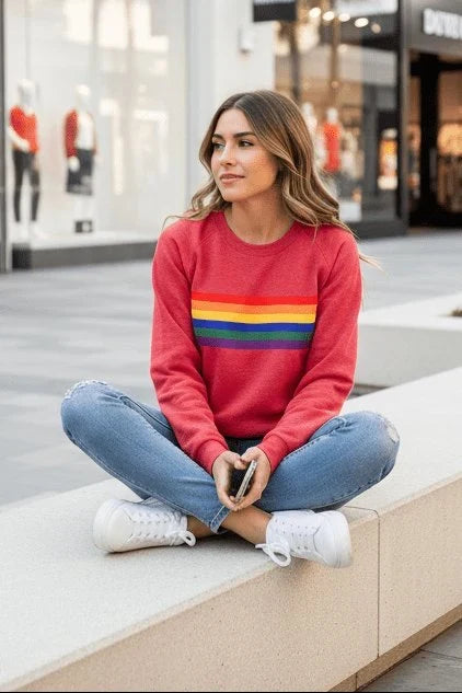 Women's Retro Rainbow Stripe Crewneck Long Sleeve Sweatshirt