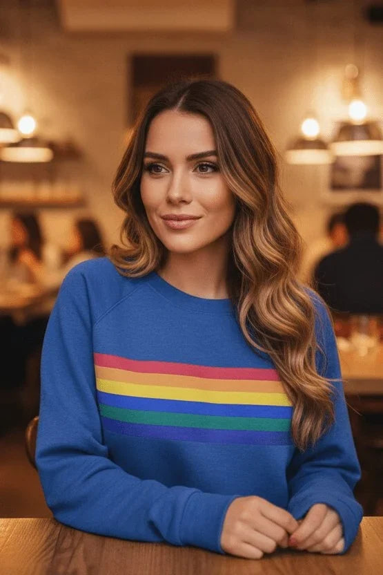 Women's Retro Rainbow Stripe Crewneck Long Sleeve Sweatshirt