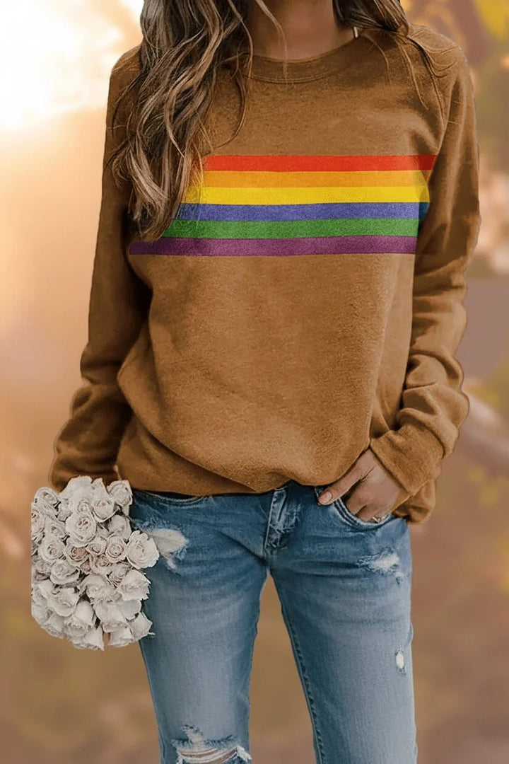 Women's Retro Rainbow Stripe Crewneck Long Sleeve Sweatshirt