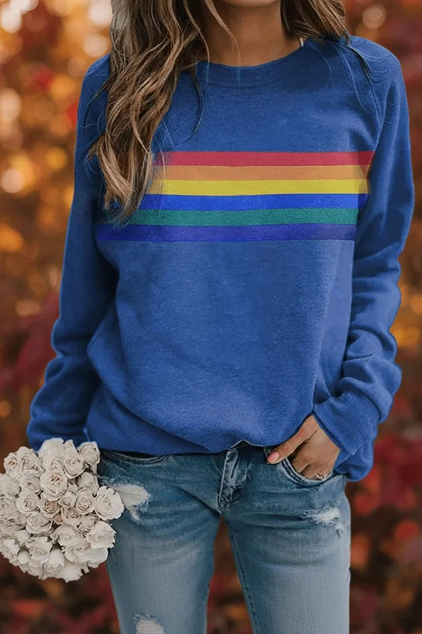 Women's Retro Rainbow Stripe Crewneck Long Sleeve Sweatshirt