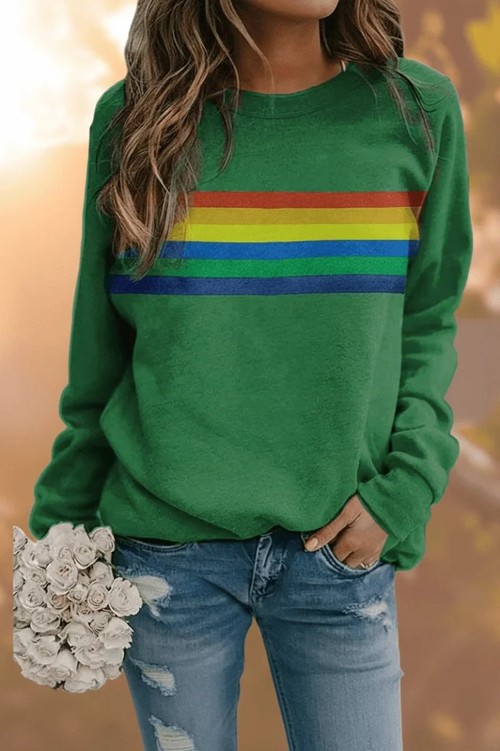 Women's Retro Rainbow Stripe Crewneck Long Sleeve Sweatshirt