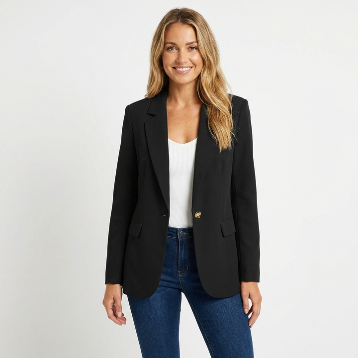 Women's Relaxed Longline Notched Lapel Blazer with Welt Pockets