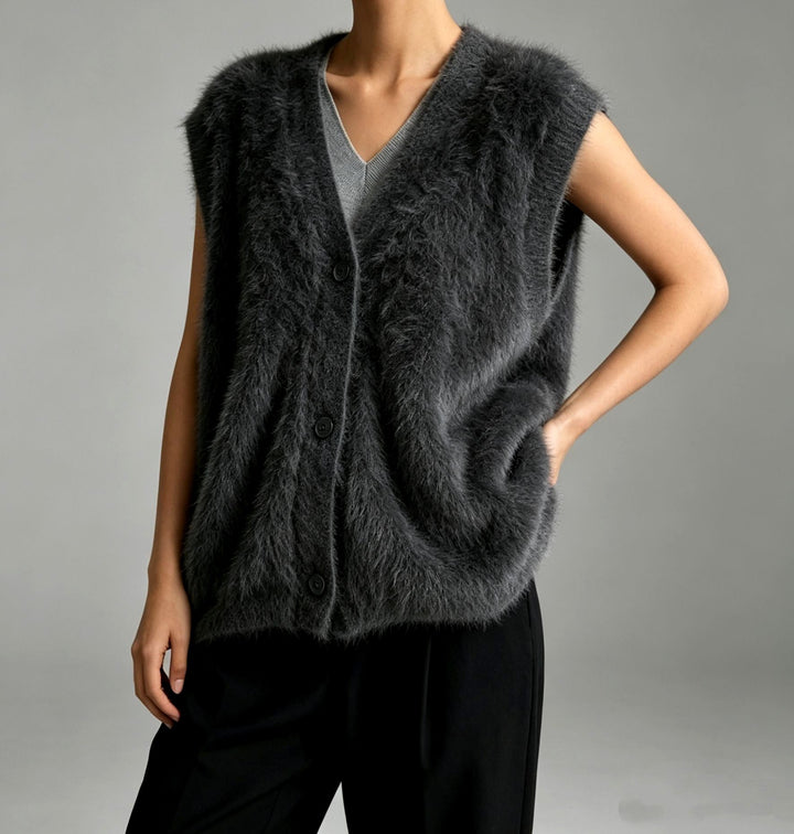 Women's Fuzzy Knit Button-Front Vest